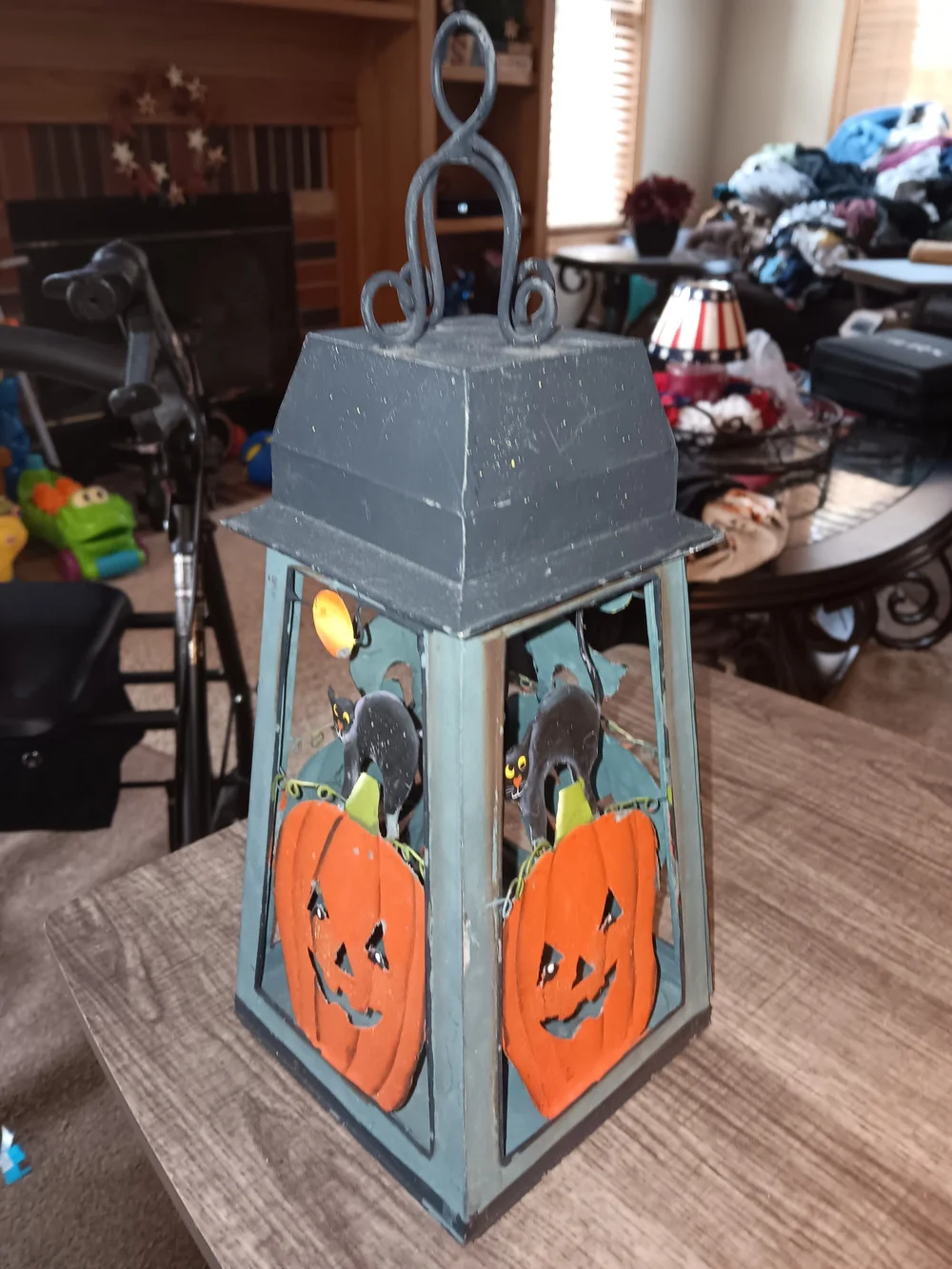Black and Orange Pumpkin Lantern with Black Cat Accents